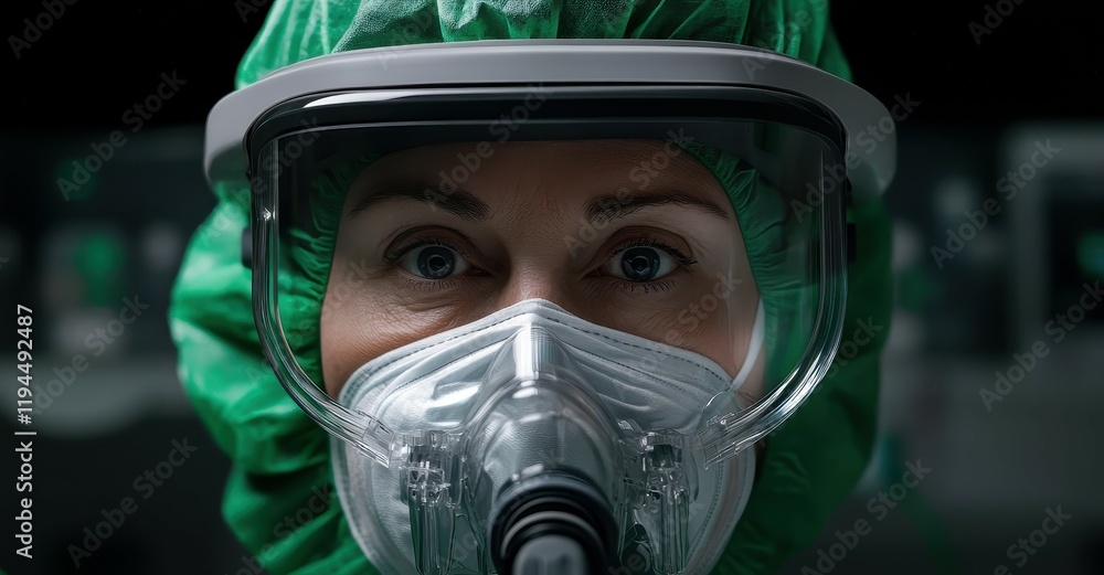 Close up of a female doctor wearing a protective face mask and green surgical gown Close up of a female doctor wearing a protective face mask and green surgical gown