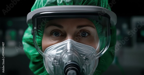 Close up of a female doctor wearing a protective face mask and green surgical gown photo