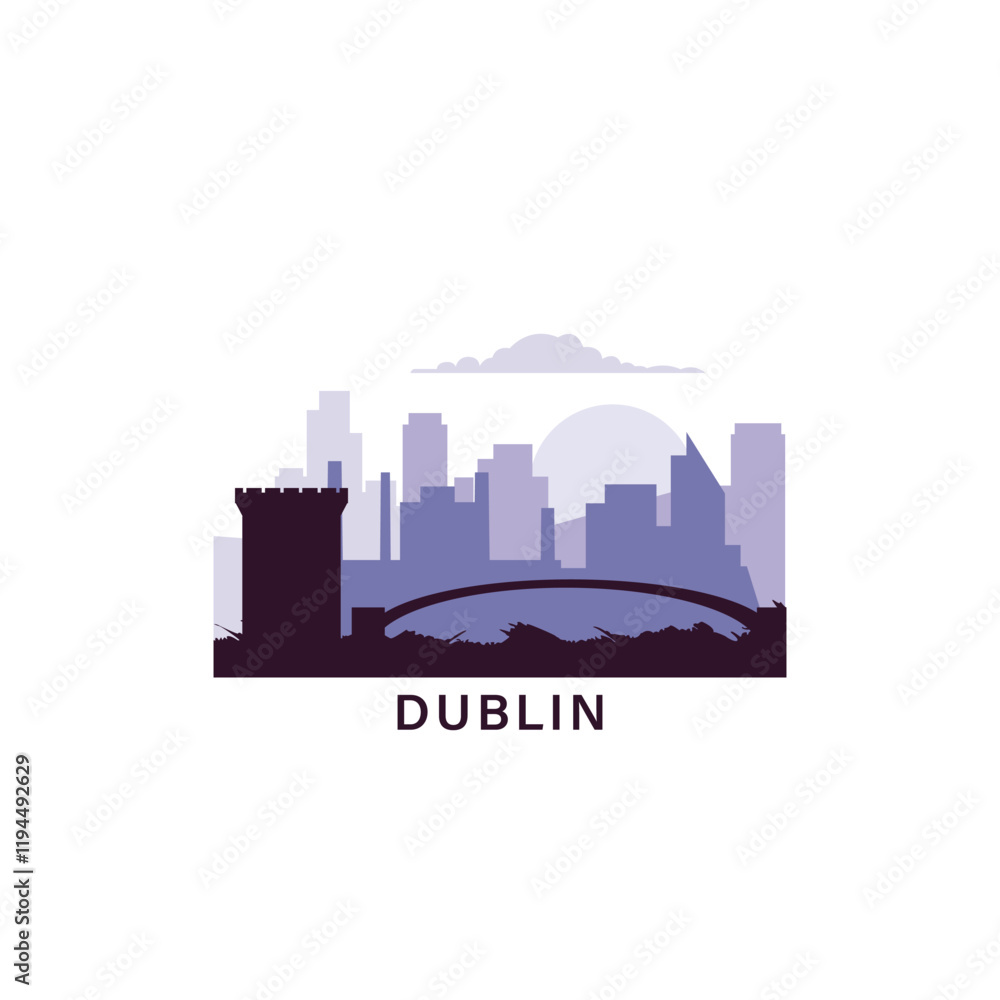 Naklejka premium Dublin logo with skyline, cityscape retro vector icon. Ireland city horizon, facade, travel logotype