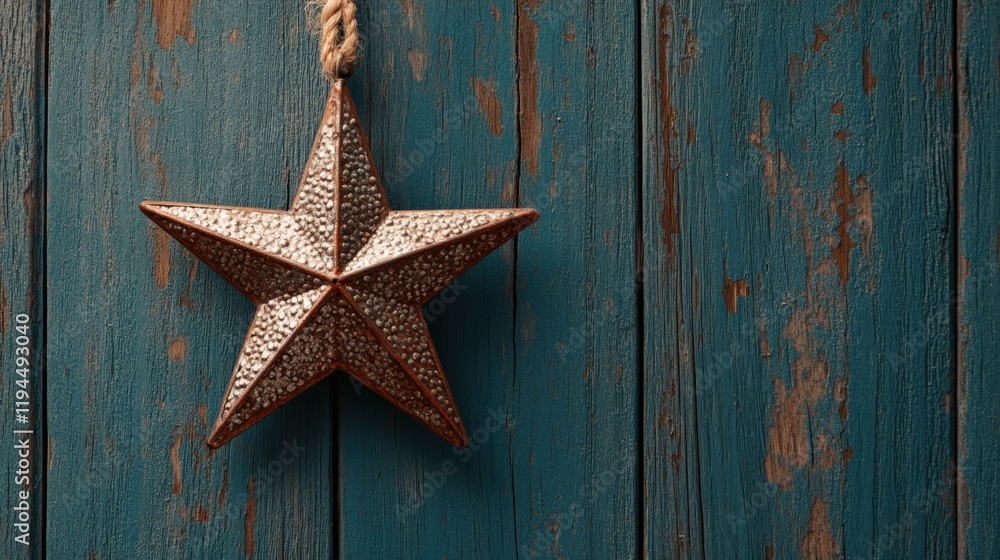 Rustic Copper Star Ornament Hanging on Distressed Blue Wooden Wall, Perfect for Farmhouse Decor Rustic Copper Star Ornament Hanging on Distressed Blue Wooden Wall, Perfect for Farmhouse Decor