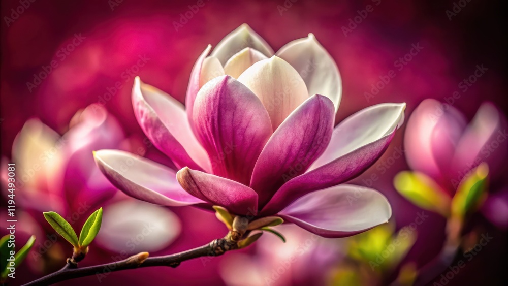 Fototapeta premium A vibrant pink magnolia blossom with delicate white petals, gracefully blooming against a blurred background of other flowers and green foliage.