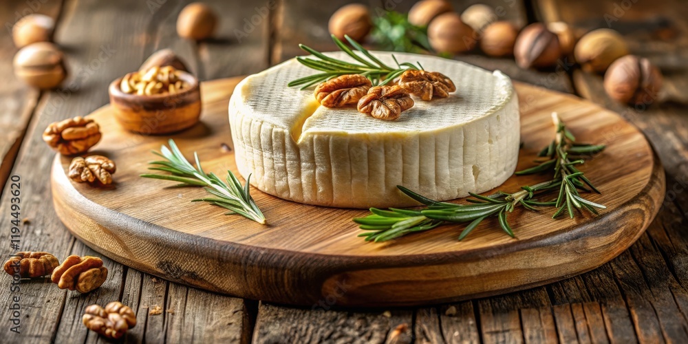 A round wheel of soft cheese garnished with pecans and rosemary sprigs, resting on a wooden cutting board, creating a rustic and inviting culinary scene. A round wheel of soft cheese garnished with pecans and rosemary sprigs, resting on a wooden cutting board, creating a rustic and inviting culinary scene.
