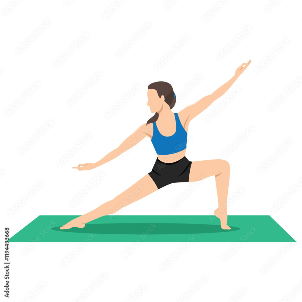 Woman doing Virabhadrasana on the rug yoga exercise. Flat vector illustration isolated on white background Woman doing Virabhadrasana on the rug yoga exercise. Flat vector illustration isolated on white background