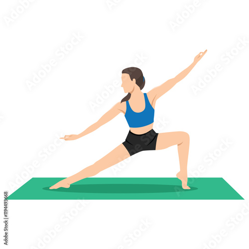 Woman doing Virabhadrasana on the rug yoga exercise. Flat vector illustration isolated on white background