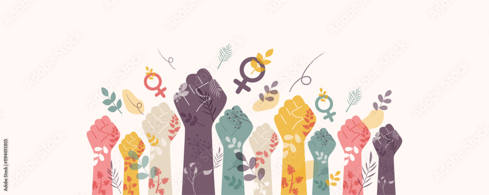 Fototapeta premium Beautiful women's hands with floral elements and gender symbol. International Women's Day concept.