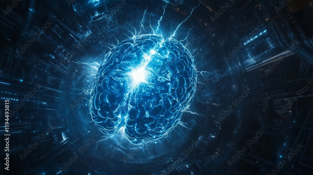 Fototapeta premium AI brain motif, centered on a circular platform in blue and black colors.