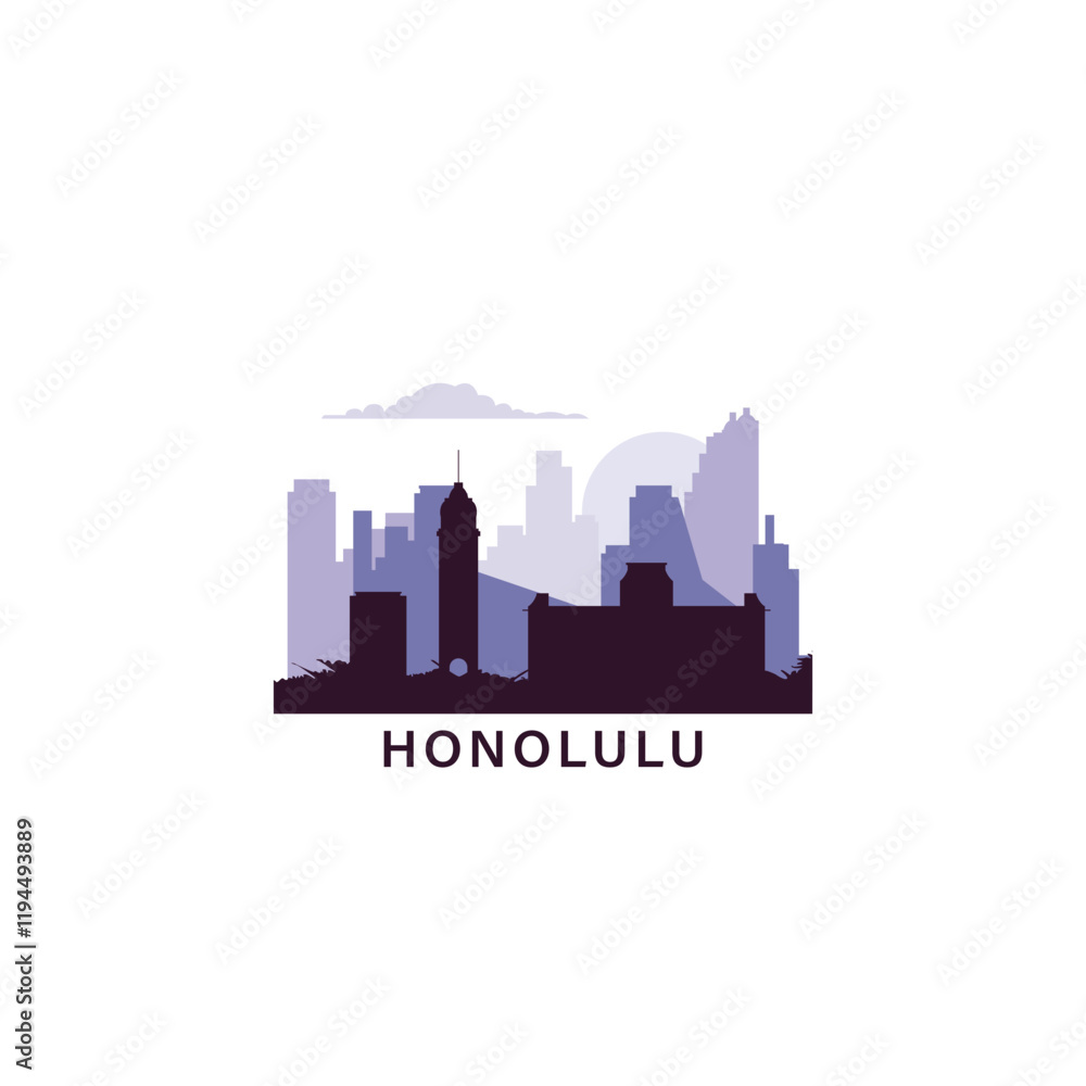 Obraz premium USA Honolulu logo with skyline, cityscape retro vector icon. United States of America, Hawaii city horizon, facade, travel logotype