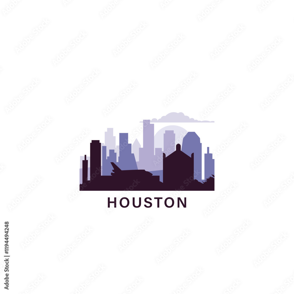 Obraz premium USA Houston logo with skyline, cityscape retro vector icon. United States of America, Texas city horizon, facade, travel logotype