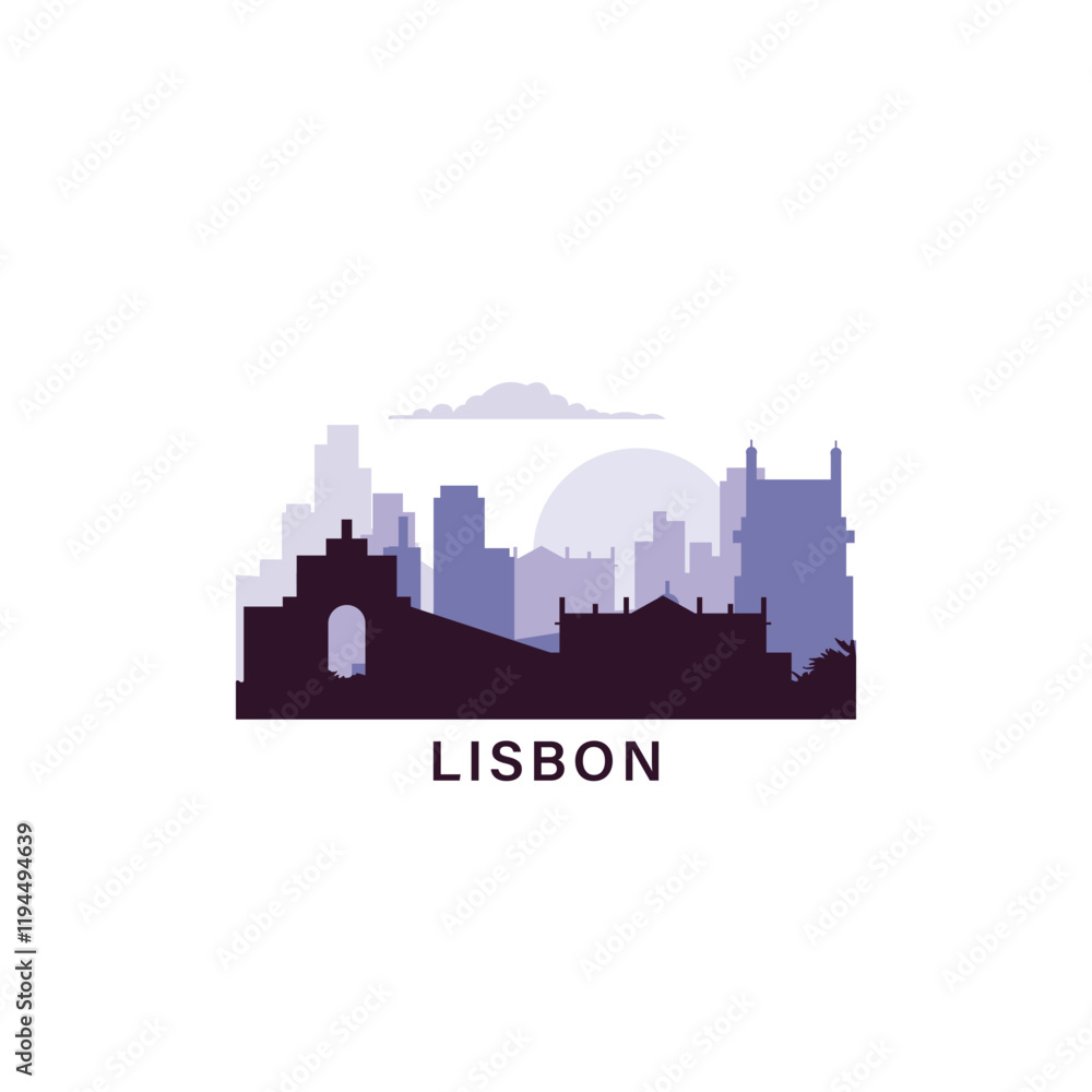 Naklejka premium Lisbon logo with skyline, cityscape retro vector icon. Portugal city horizon, facade, travel logotype