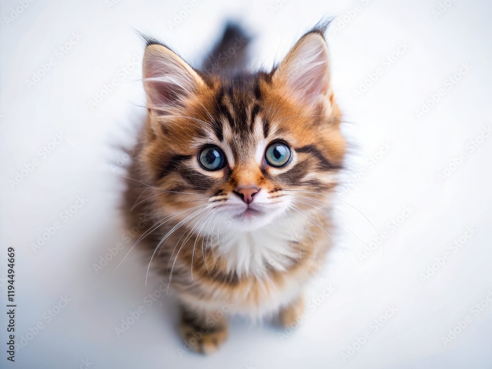 Obraz premium Adorable fluffy kitten, airborne, eyes wide with curiosity, a pure white backdrop.