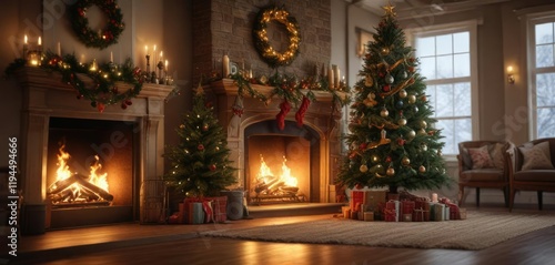 Wallpaper Mural A beautifully decorated Christmas tree is positioned in front of a roaring fireplace with flames , fireplace, rustic charm, festive decorations Torontodigital.ca