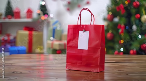 A festive shopping bag with a return label sits on a wooden table, surrounded by blurred holiday decorations, symbolizing the post-holiday return process. 