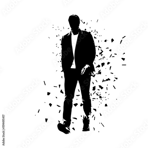 Businessman walking forward, abstract vector silhouette, ink drawing with dispersion effect. Isolated business people