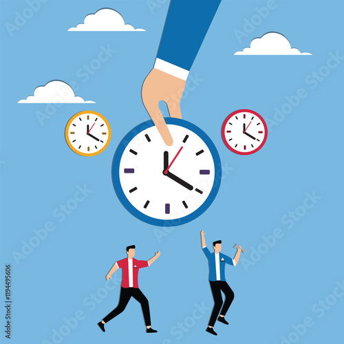 Time Management and Planning, Productivity, Deadlines or Countdowns, Business Performance, Effective Time, Businessmen Move Between Clocks in Hand