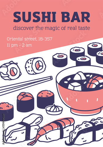 Asian Japanese sushi bar, advertising poster design. Japan food restaurant, promotion card, ad flyer template. Vertical banner background with eastern cuisine rolls, soup. Flat vector illustration
