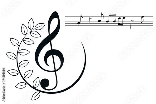 Black treble clef sign, decorated music key symbol, musical melody illustration, notes sound icons. Musical background, design fest card, jazz poster, concert performance banner. Copy space, isolated