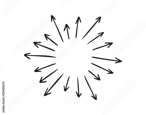 Arrows circle, round arrow hand drawn doodle. Splash, from the inside out, white background