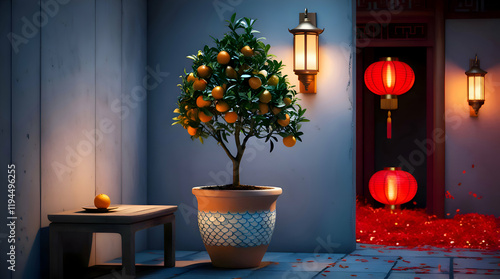 A dimly lit traditional Chinese courtyard in photorealis showcasing a young tangerine tree in a pot adorned with a delicate blue-and-white scales motif. The pot sits gracefully on a rustic wooden. photo