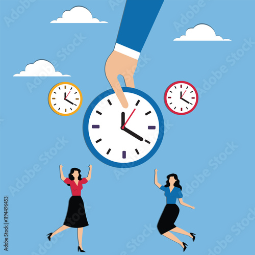 Time Management and Planning, Productivity, Deadlines or Countdowns, Business Performance, Effective Time, Businesswomen Move Between Clocks in Hand