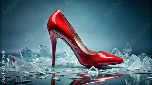 A single red high heel shoe stands tall and defiant amidst a field of shattered glass, its reflection shimmering on the surface, symbolizing resilience and the ability to overcome obstacles.