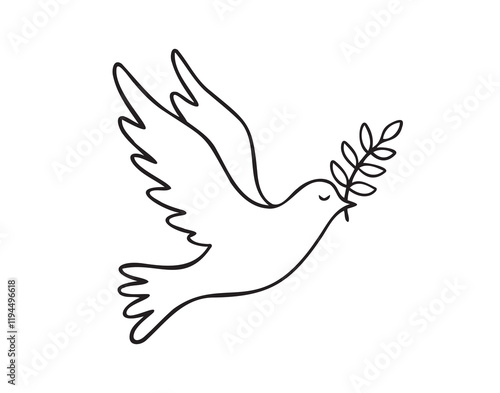 Dove line art. Flying dove of peace pigeon doodle outline logo drawing. Dove for greeting card, banner, flyer, poster.