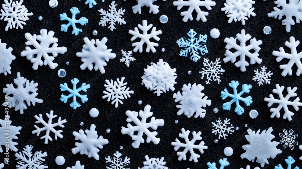 A seamless repeating pattern of small, shimmering silver snowflakes on a black background, ideal for use as a website background or wrapping paper design. A seamless repeating pattern of small, shimmering silver snowflakes on a black background, ideal for use as a website background or wrapping paper design.