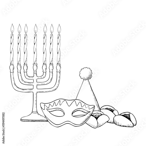 Purim masquerade and carnival symbols and menorah with candles black and white vector illustration with mask, party cone and hamantaschen cookies. Hand drawn line sketch for kids Purim coloring book