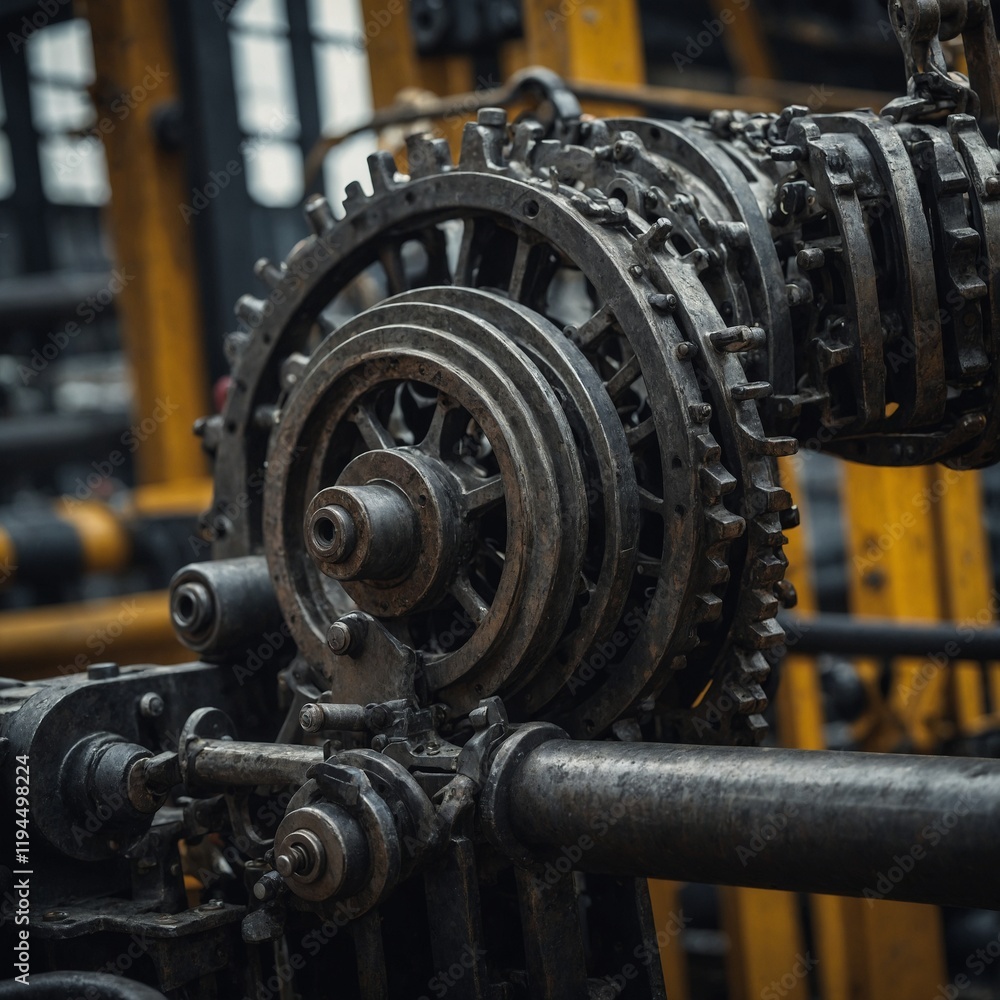 A detailed close-up of a crane's machinery and pulleys. A detailed close-up of a crane's machinery and pulleys.