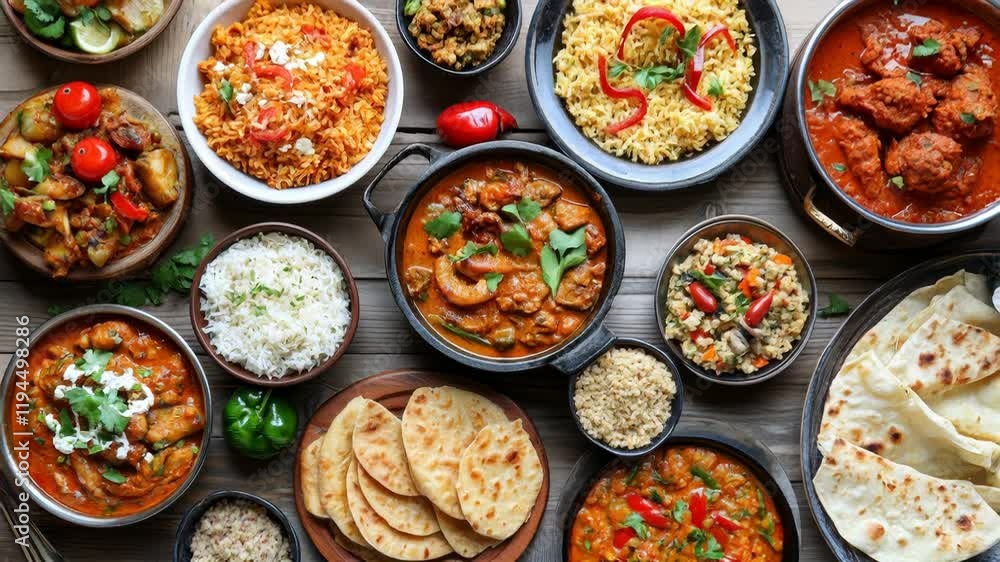 Delicious indian cuisine spread featuring curry dishes, rice, and naan for a vibrant culinary experience Cook Something Bold and Pungent Day Delicious indian cuisine spread featuring curry dishes, rice, and naan for a vibrant culinary experience Cook Something Bold and Pungent Day