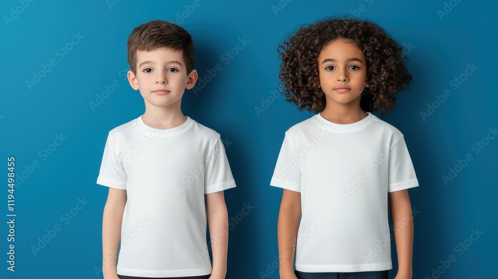 Two children standing together, smiling with a blue background. Two children standing together, smiling with a blue background.