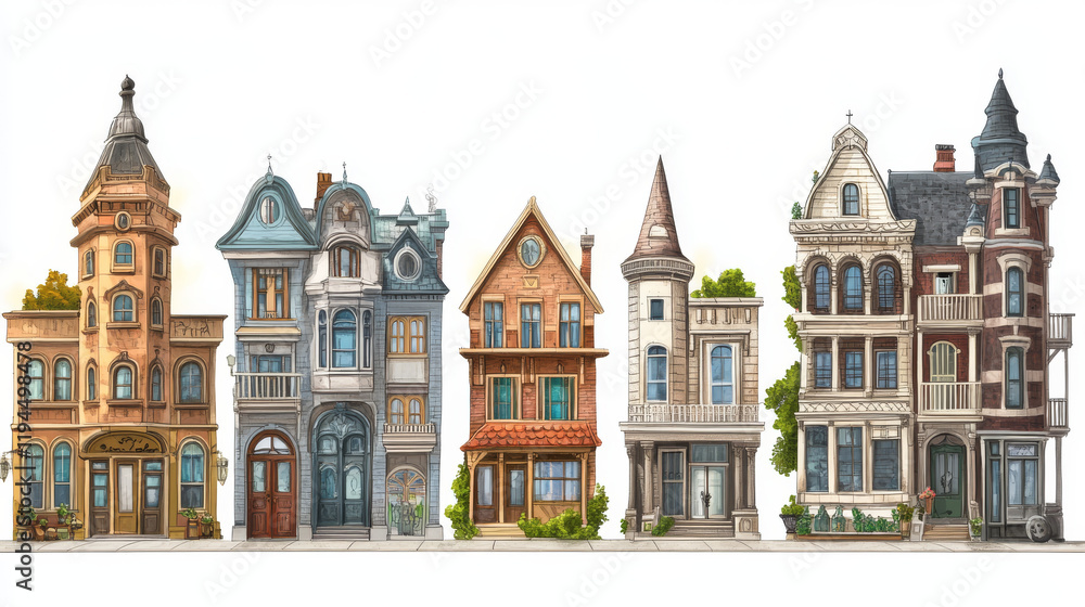 Fototapeta premium Urban retro colonial style building cartoon vector set illustration. Old residential and government buildings, church, Victorian houses isolated on white background
