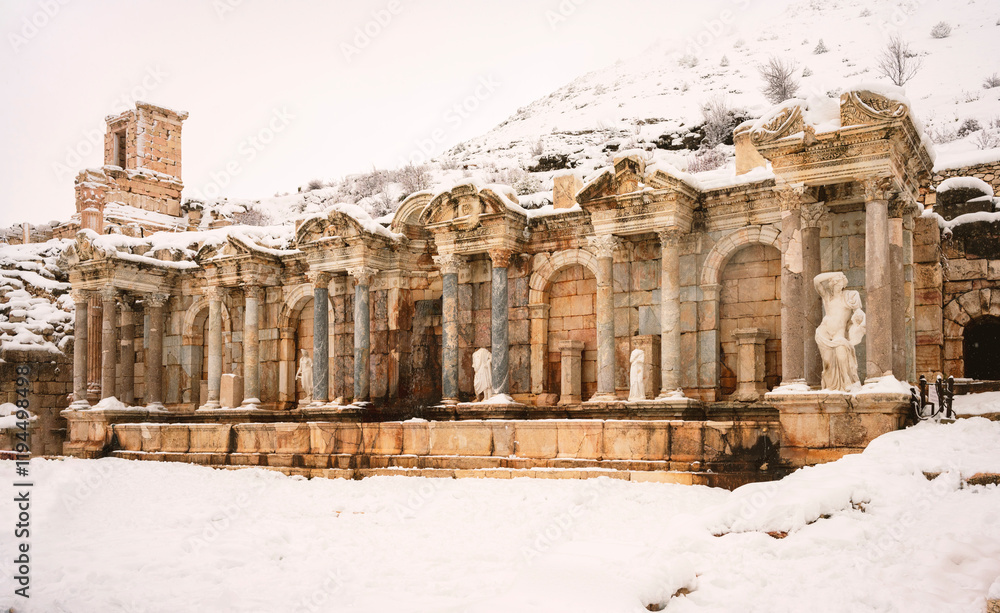 Obraz premium To visit the sprawling ruins of Sagalassos, high amid the jagged peaks of Ak Dag, is to approach myth: the ancient ruined city set in stark . Sagalassos Ancient City under the snow on a winter day.