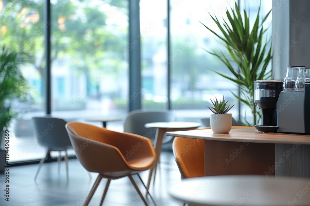 Modern cafe interior with sunlight streaming through large windows Modern cafe interior with sunlight streaming through large windows