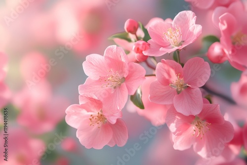 Close up of pink cherry blossoms in full bloom outdoors
