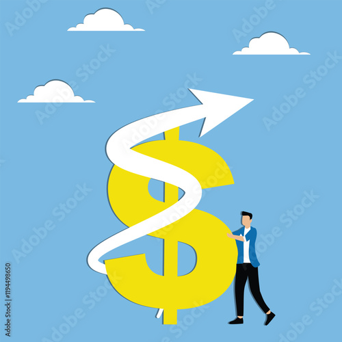 Economy, monetary or stock market intervention, monetary policy or economic policy, traders holding dollar signs to support the arrow growing upwards
