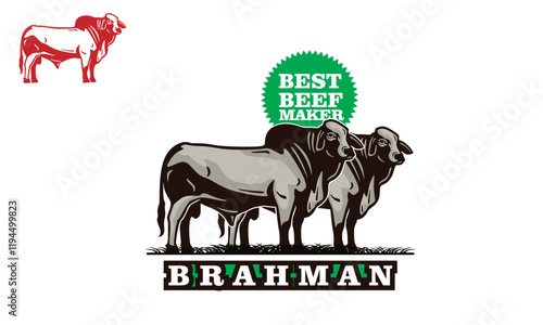 brahman the great cattle logo, silhouette of happy cow standing at organic farm vector illustrations