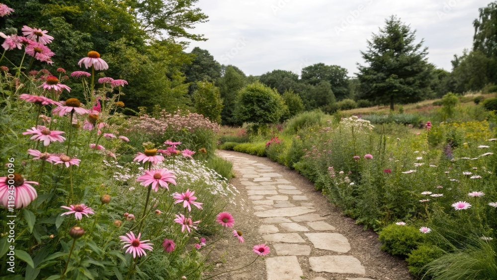 Naklejka premium A garden path lined with pink daisies and wildflowers leads to a serene and peaceful atmosphere., botanical, landscape, outdoor