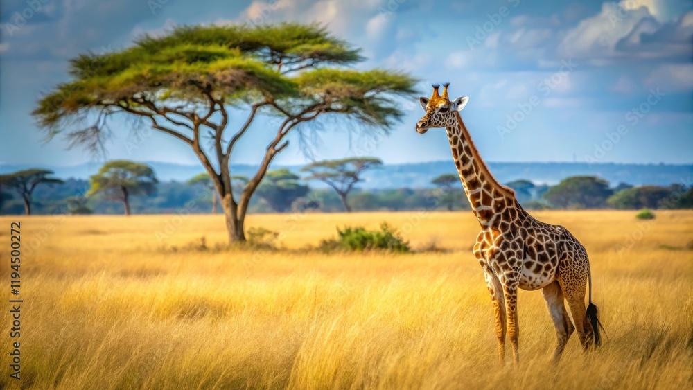 Fototapeta premium A giraffe standing in a sea of tall grasses and acacia trees, natural scenery, giraffes, wildlife habitats