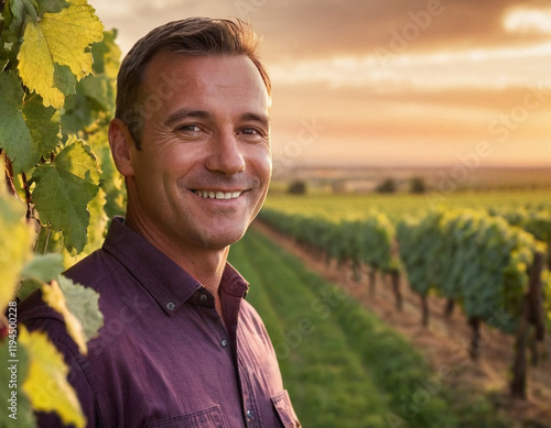 Winzer inmitten der Weinreben bei Sonnenaufgang photo