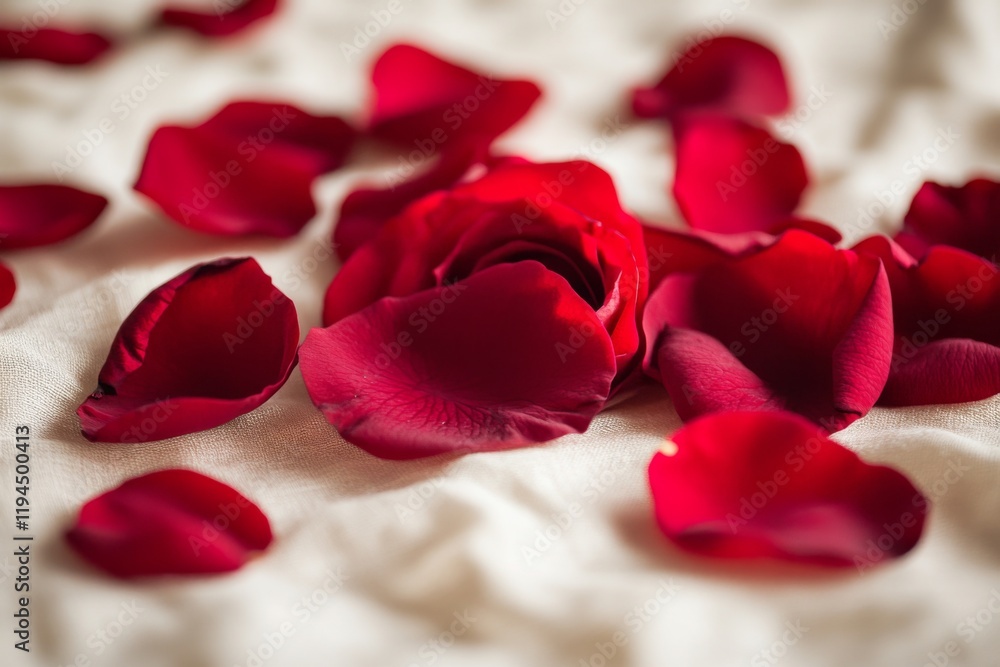 Closeup of vibrant red rose petals scattered on a white surface Closeup of vibrant red rose petals scattered on a white surface