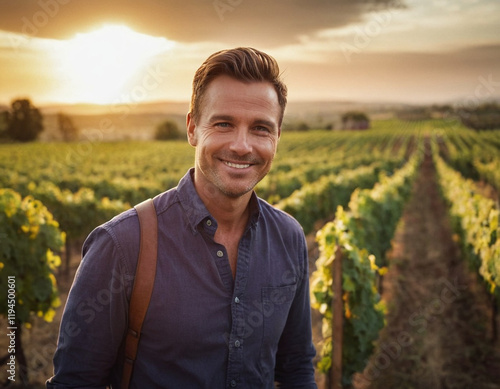 Winzer inmitten der Weinreben bei Sonnenaufgang photo