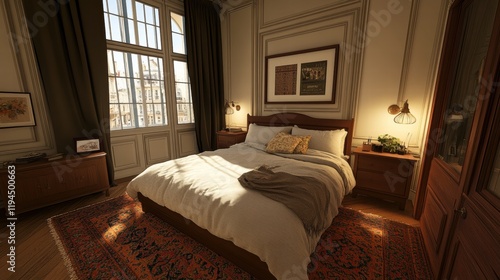 Sunlit Bedroom With Wooden Furniture And City View