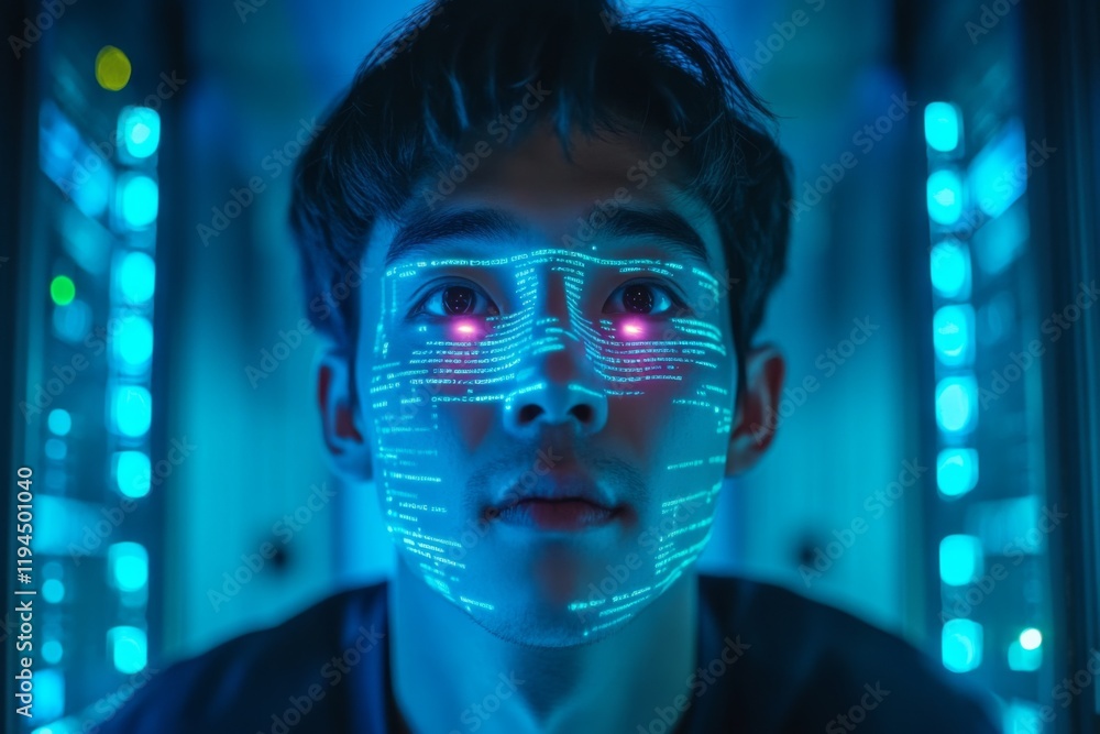 Portrait of a man with neon face paint in dark tech-themed room Portrait of a man with neon face paint in dark tech-themed room