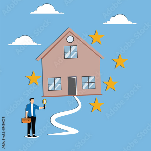 Five-star home, home quality assessment, high quality house or real estate service, businessman with a magnifying glass finds five-star rated hom