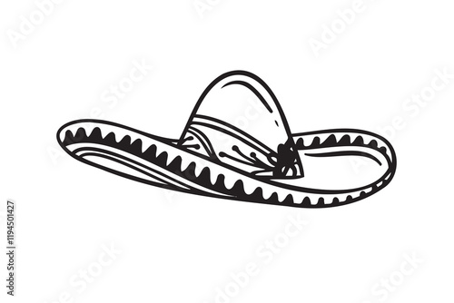 Hand drawn Mariachi hat illustration. Doodle mariachi hat. Sketch of mariachi hat isolated on white background. Sketch of sombrero. Vector illustration.