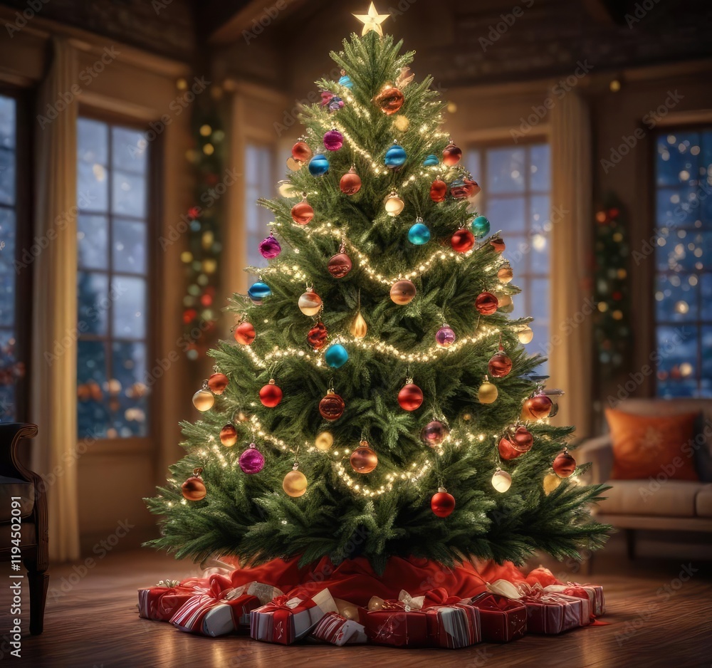 A large Christmas tree with twinkling lights and colorful ornaments, Winter Wonderland, Ornaments, Christmas Tree Decor A large Christmas tree with twinkling lights and colorful ornaments, Winter Wonderland, Ornaments, Christmas Tree Decor