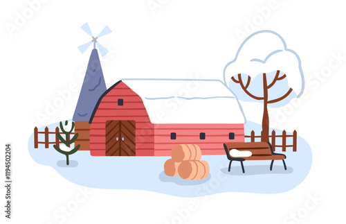 Farm hangar, shed building in winter. Barn, hay rolls outside on snow. Rural ...