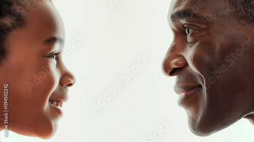 Son and father look at each other on a white background