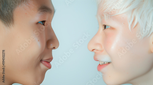 Asian and albino look at each other on a white background