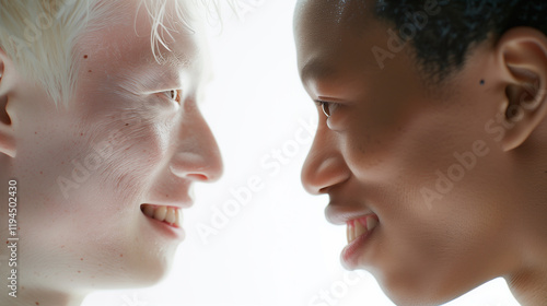 albino and African look at each other on a white background, 